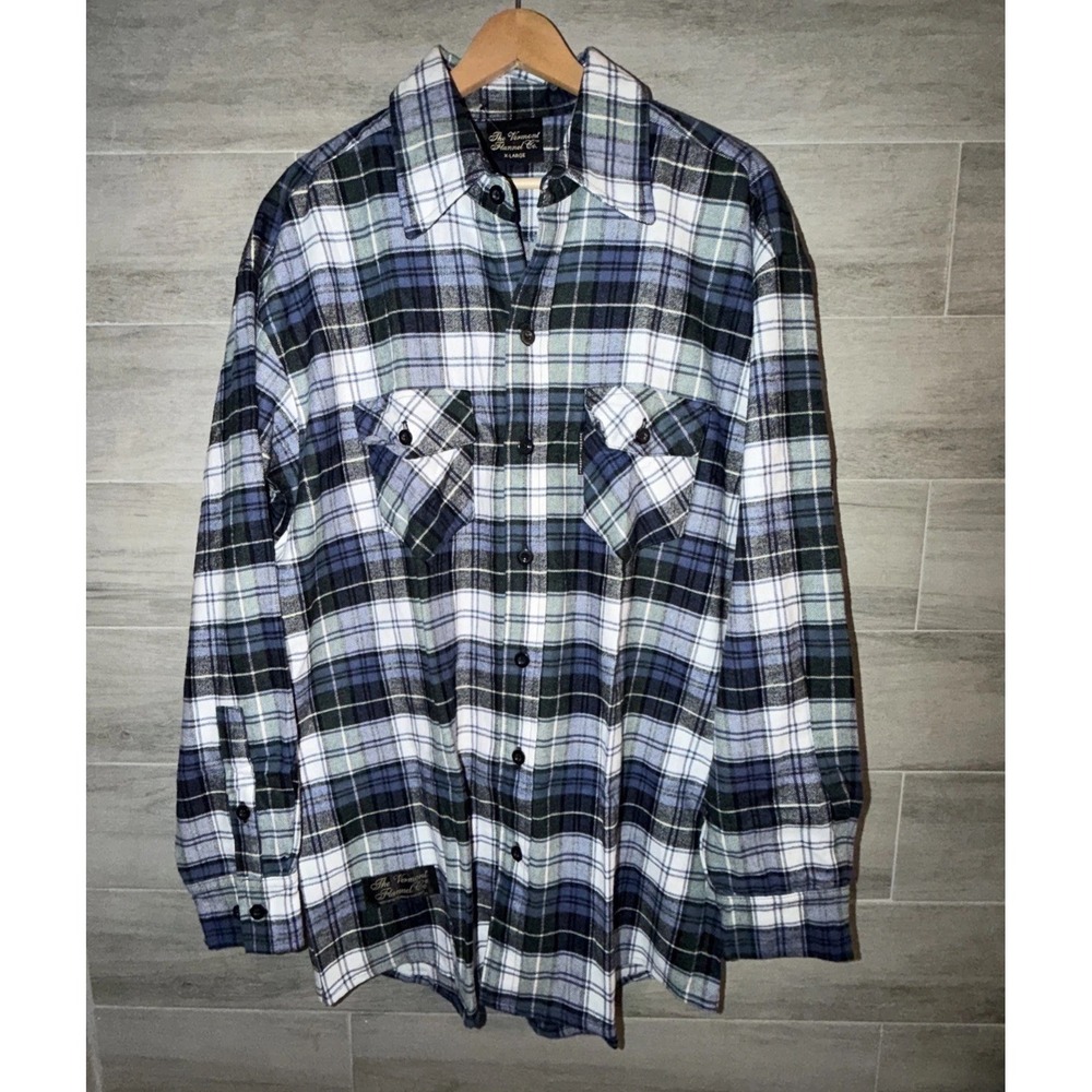 The Vermont Flannel Co Flannel Shirt Men's XL Blue Green Plaid USA 100% Cotton
